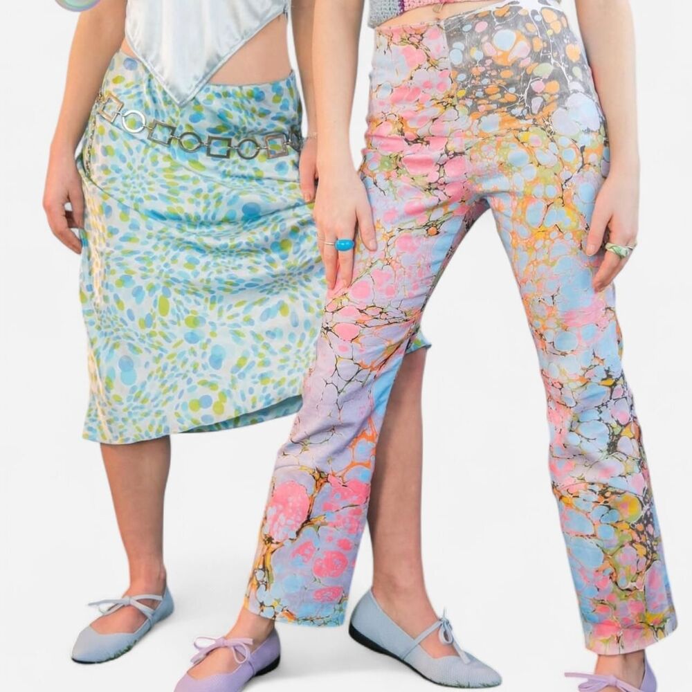 Lefty Watercolor Splatter Pastel Mini Flare Pants Size M | Y2K Art Girl Indie